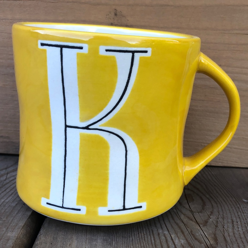 Anthropologie Hand Painted Letter K Coffee Mug Cup Tea Yellow